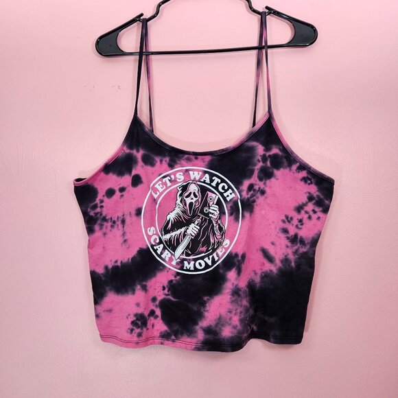 Hot Topic Tops - Hot Topic Scream Ghostface Scary Movies Pink Black Tie Dye Cami Tank Crop Top 2X